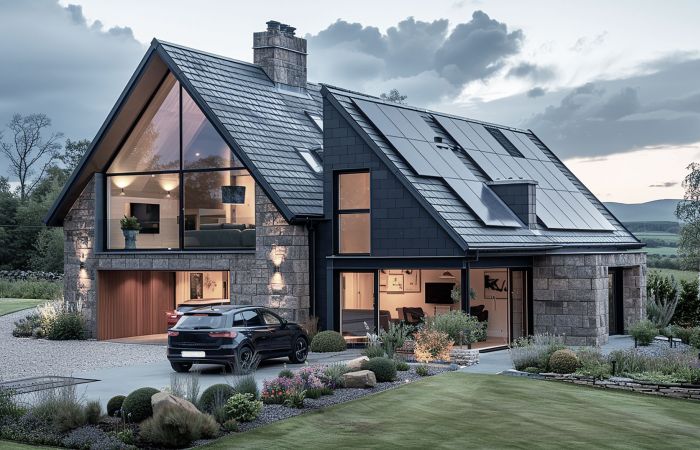 modernes Einfamilienhaus mit freundlicher Glasfront in ländlicher Umgebung zur blauen Stunde