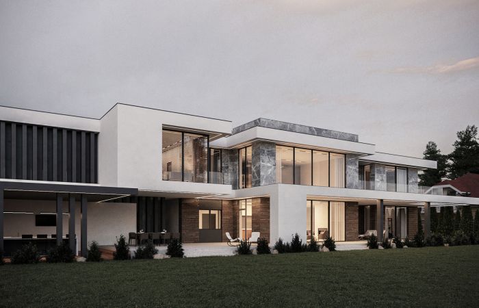 großzügige, moderne Villa mit großem Garten mit sanfter Beleuchtung