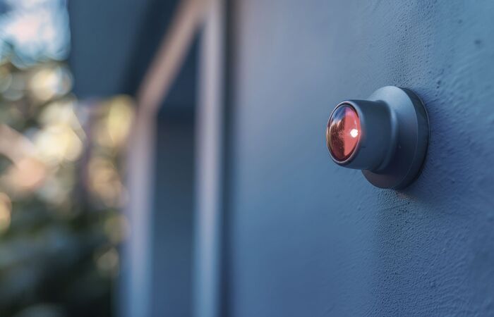 rote Alarmlampe an der Außenwand eines Gebäudes