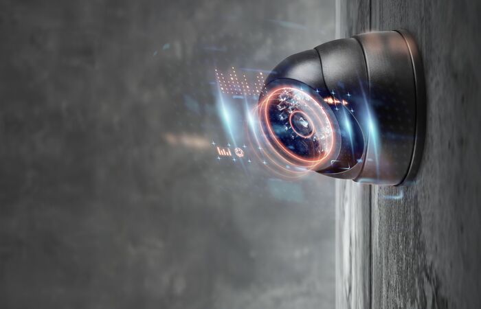 Nahaufnahme einer Überwachungskamera mit visuellen Effekten