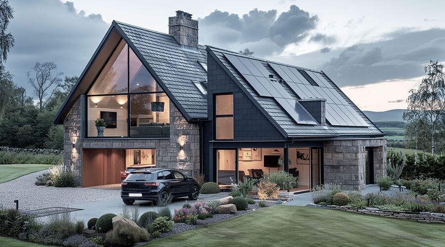 modernes Einfamilienhaus mit freundlicher Glasfront in ländlicher Umgebung zur blauen Stunde