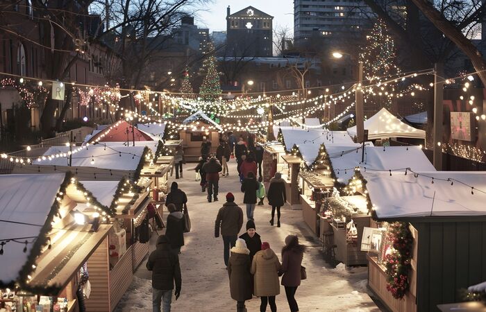 Blick auf einen Weihnachtsmarkt, über den Menschen gehen und die beleuchteten Hütten und deren Angebote betrachten. Im Hintergrund stehen mehrere Weihnachtsbäume